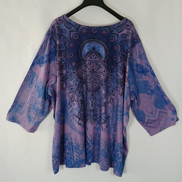 Catherines Top 4X Embellished Dyed Paisley 3/4 Sleeve Stretch Boho Whimsigoth - Picture 6 of 9